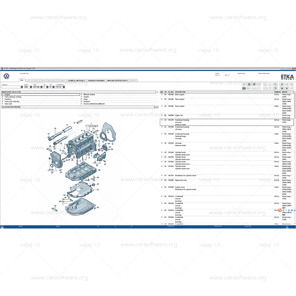 ETKA V8.3 with free keygen Have official spare parts database for Volkswagen, Audi, Seat, Skoda and Volkswagen commercial vehicles Like Engine, Gearbox, Rear axle, brakes, Electrics ...