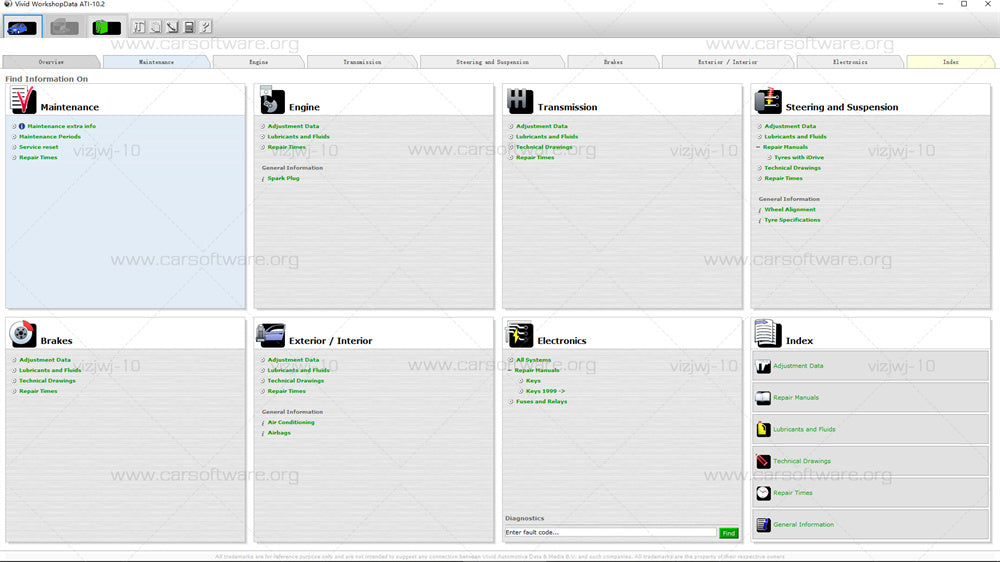 Vivid Workshop DATA 2010.2 Cars repair manual electronic book Vivid's technical database for European cars about the maintenance and repair, adjustment data, technical drawings, fuses and relays, diagnostic trouble codes and data management engine