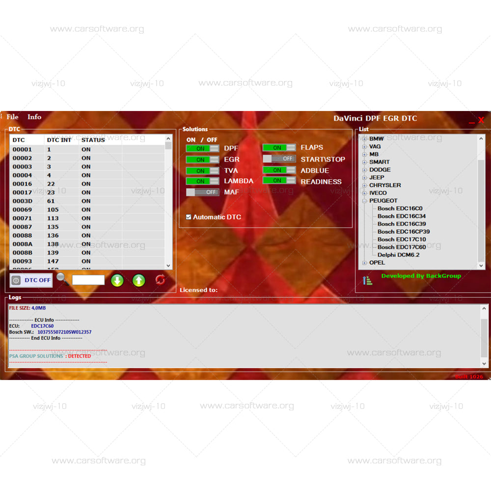 DaVinci 1.0.28 Professional maintenance software it is mainly aimed at DTC, EGR, DPF to modify the content of the ECU Advanced version repair tool