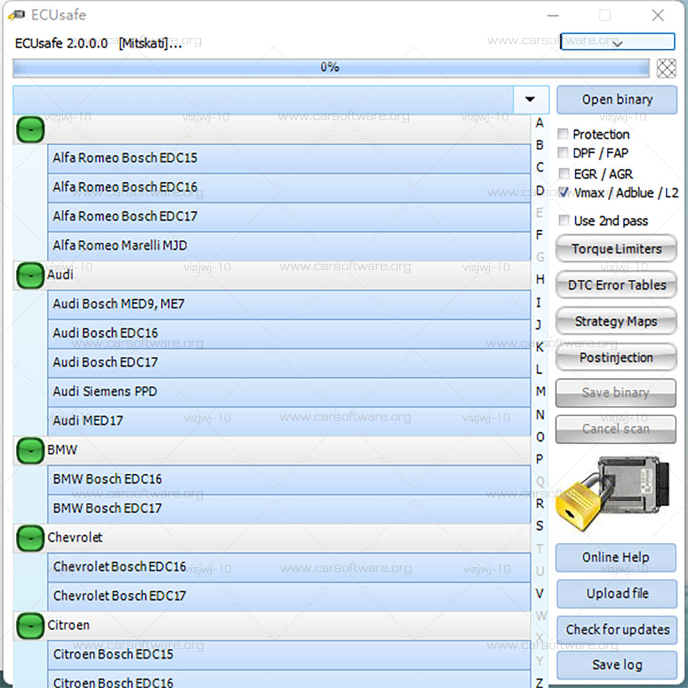 ECUSafe 2.0 ECU programming software identification of ECU Diagnosis of error codes Work with hardware Alientech KESS / KESS V2 KWP2000 Galetto all other OBD K-line or CAN flashers - original and clones