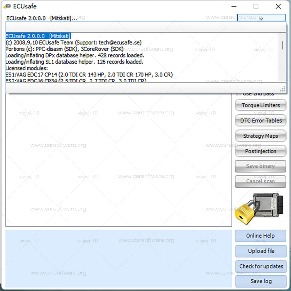 ECUSafe 2.0 ECU programming software identification of ECU Diagnosis of error codes Work with hardware Alientech KESS / KESS V2 KWP2000 Galetto all other OBD K-line or CAN flashers - original and clones
