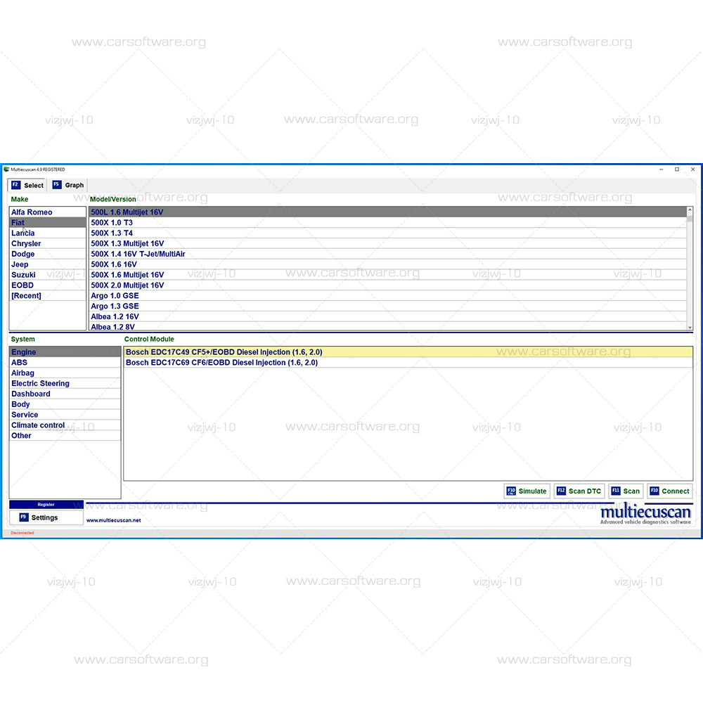 MultiECUScan V4.9 Car Software professional tool Advanced program for vehicle electronic system and automotive diagnosis such as reading and erasing errors actuator testing parameter display settings encoding Proxi alignment