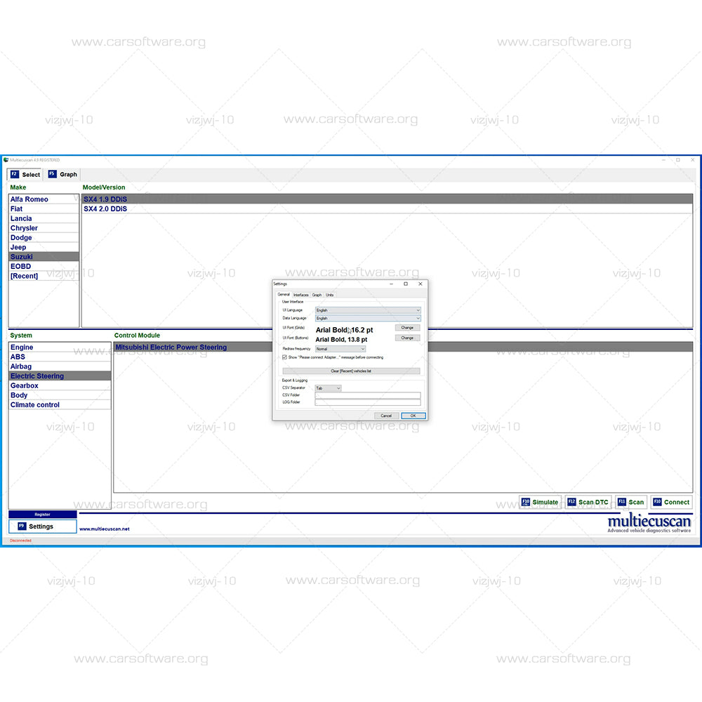 MultiECUScan V4.9 Car Software professional tool Advanced program for vehicle electronic system and automotive diagnosis such as reading and erasing errors actuator testing parameter display settings encoding Proxi alignment
