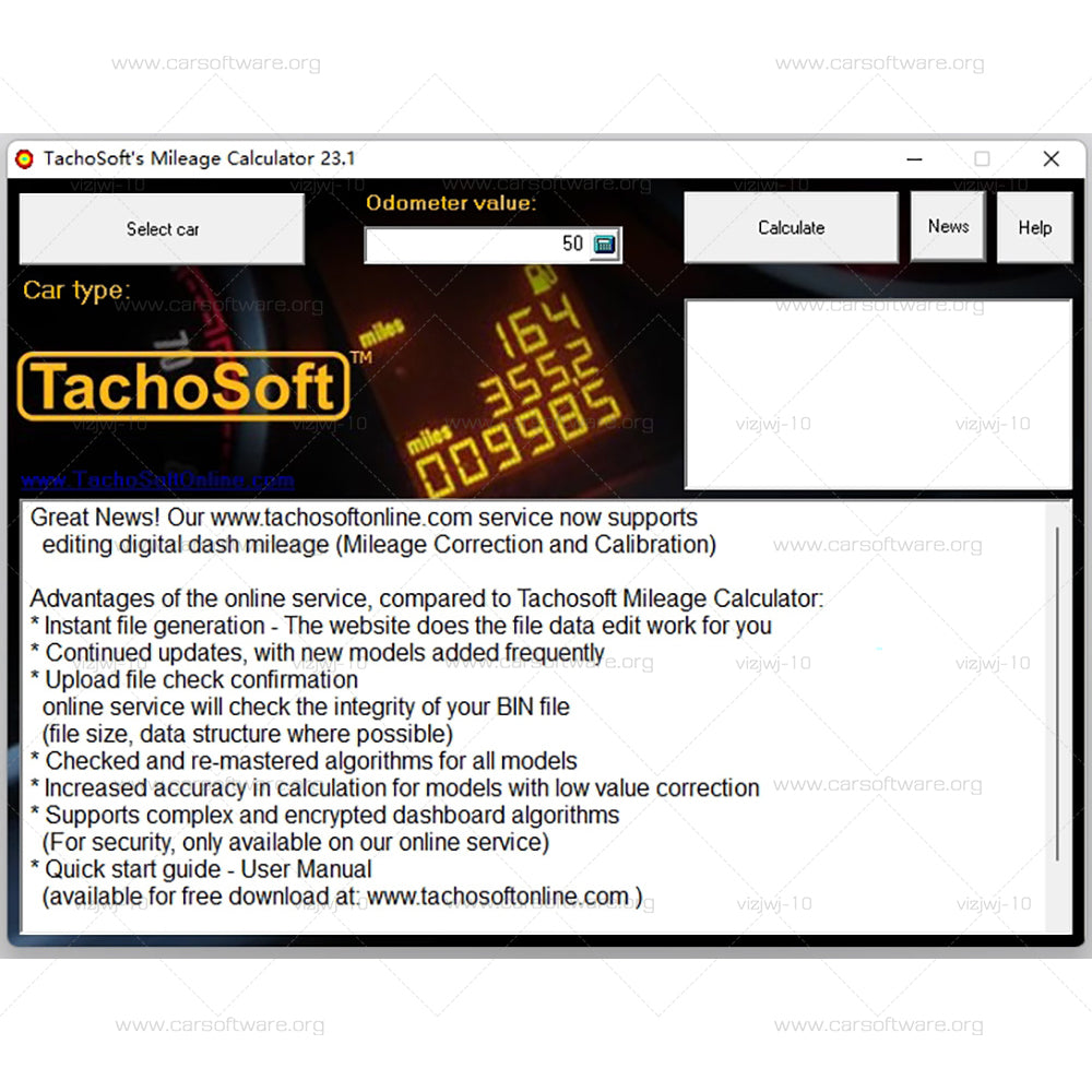 Famous calculator software Tachosoft Mileage Calculator 23.1 used to adjust mileage ECU programmers Enthusiasts Provides more than 2500 kinds of car mileage calculation