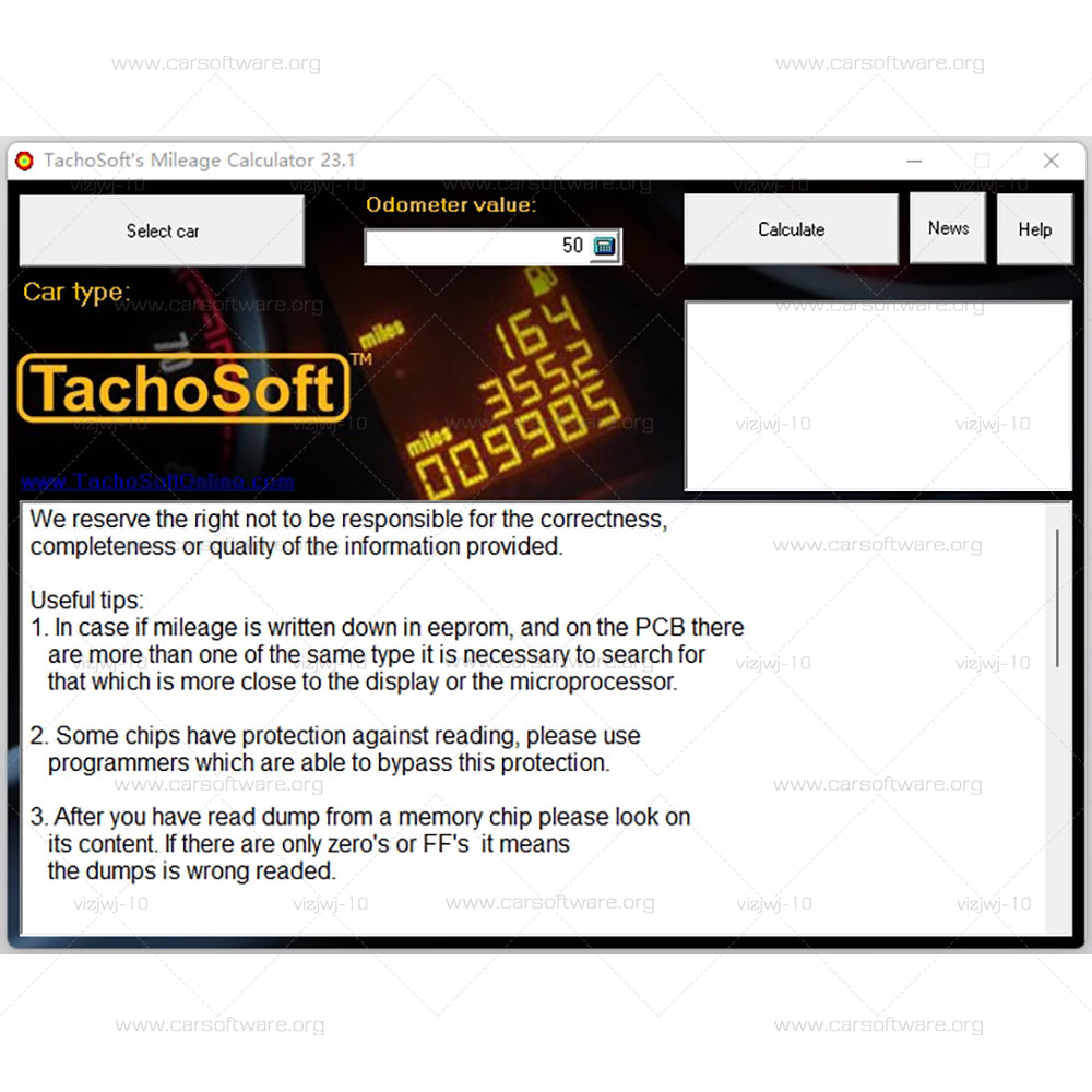 Famous calculator software Tachosoft Mileage Calculator 23.1 used to adjust mileage ECU programmers Enthusiasts Provides more than 2500 kinds of car mileage calculation